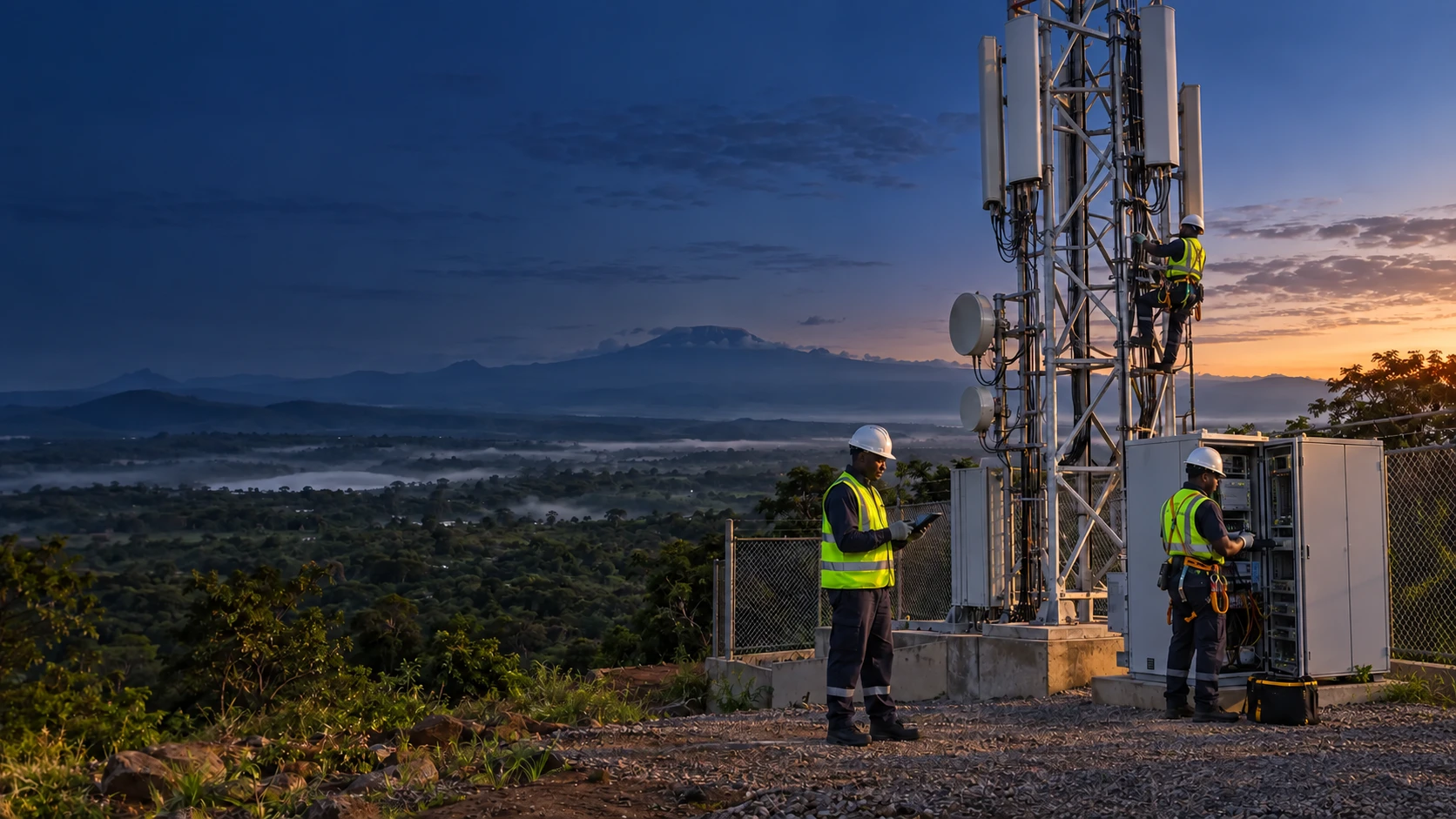 Telecom engineers working safely at a modern mobile network tower
